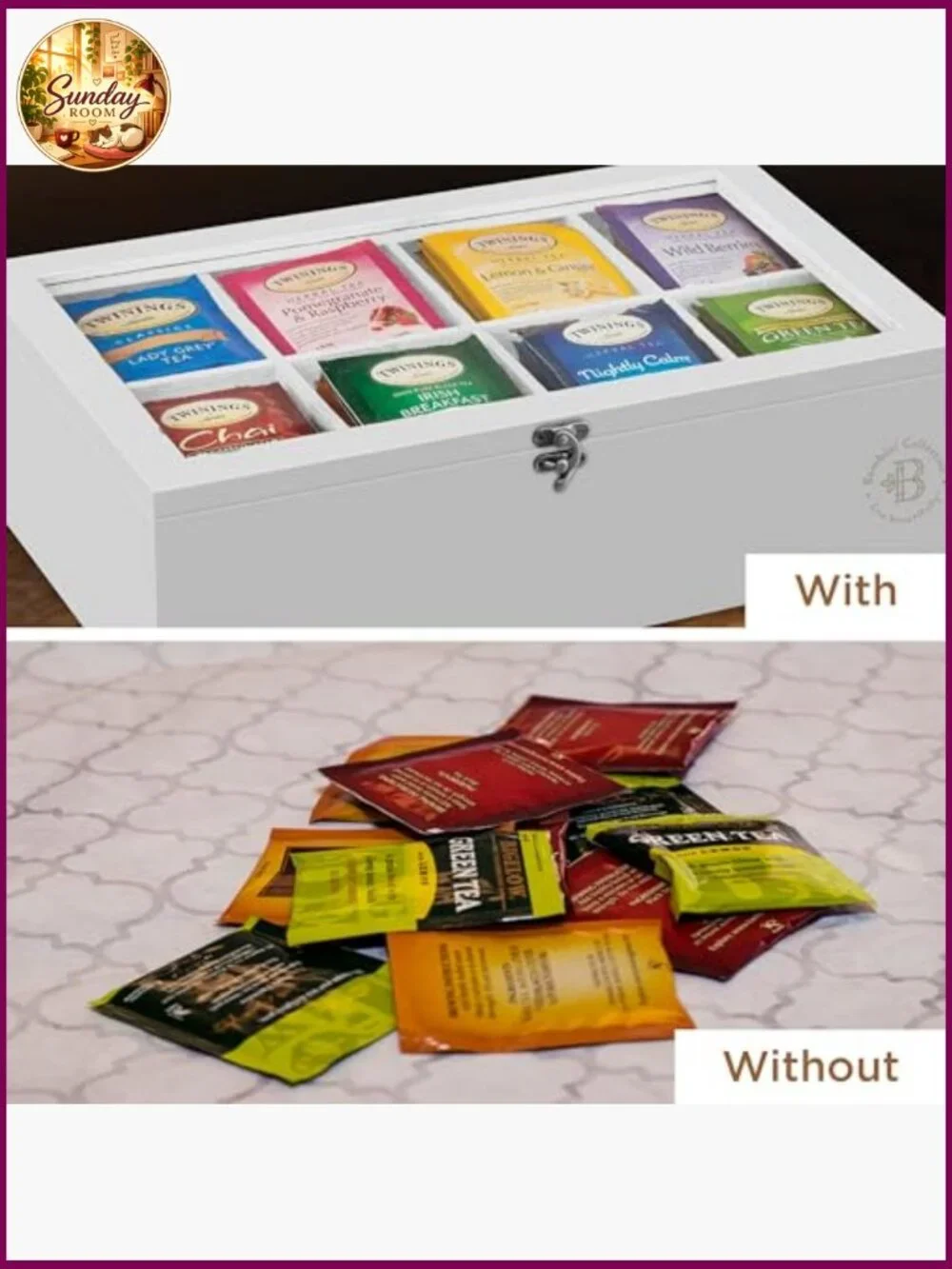 Bamboo Tea Bag Organizer with Drawer, 8-Compartment, Acrylic Lid, Magnetic